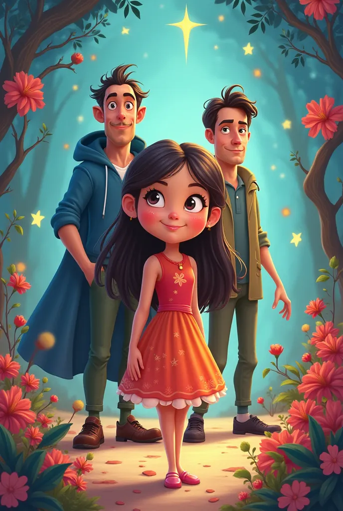 A beautiful Young girl with two man behind her. Show their full body including their foot! Cartoon 