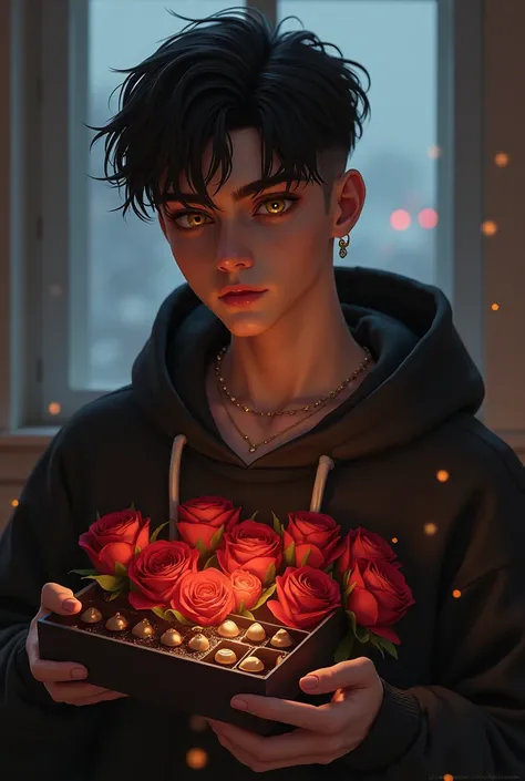 The Gentle Bad Boy – Undercut or slightly longer hair black, gold eyes. Wear a hoodie, while carrying roses and a box of chocola...