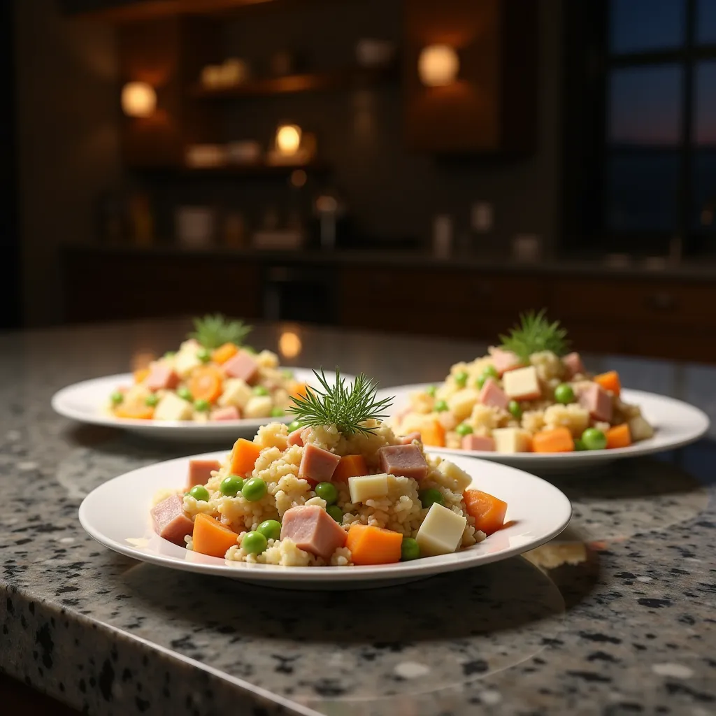 Create two plates of Russian salad on the luxury kitchen countertop table, night 