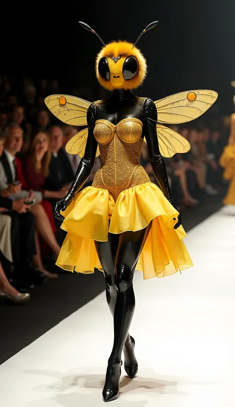 "A hybrid humanoid bee walking confidently down a high-fashion runway. The figure has the body of a slender model with black exo...