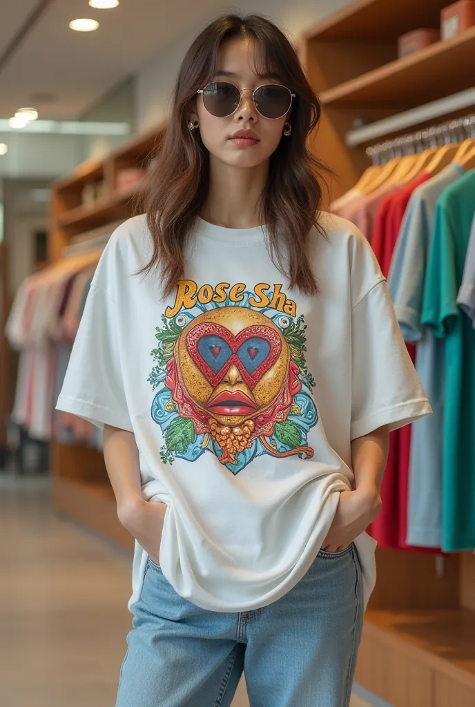 A large store selling oversized t-shirts. brand name rose sha . Beautiful emojis or motifs on the T-shirt, interesting slogans. ...