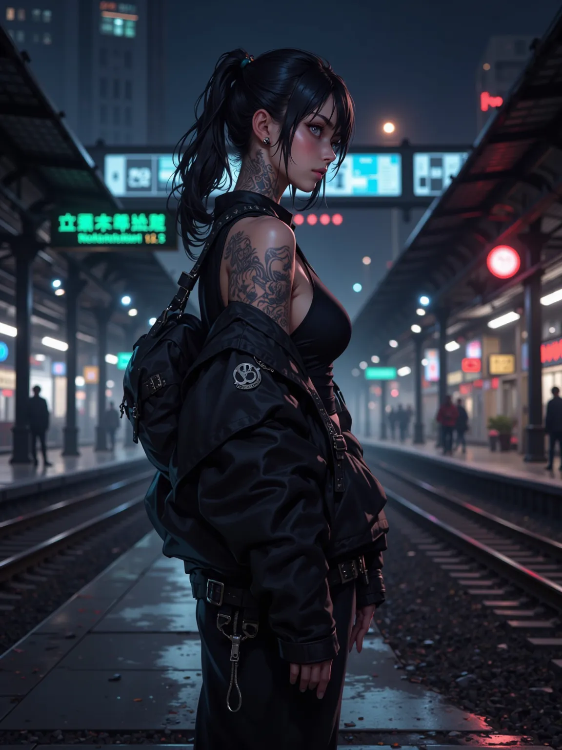 A cool girl，Side view，lens from top to bottom， Dark Hair，short ponytail，slim shoulder short tank top， black leather jacket ，blac...