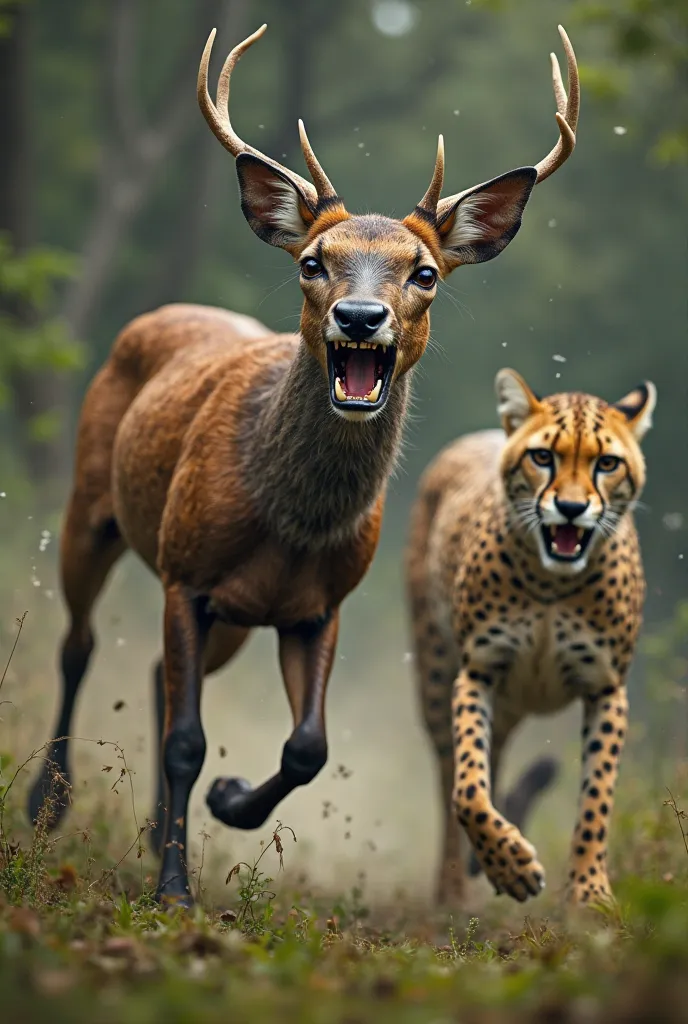 Deer with scare face being chasing by cheetah