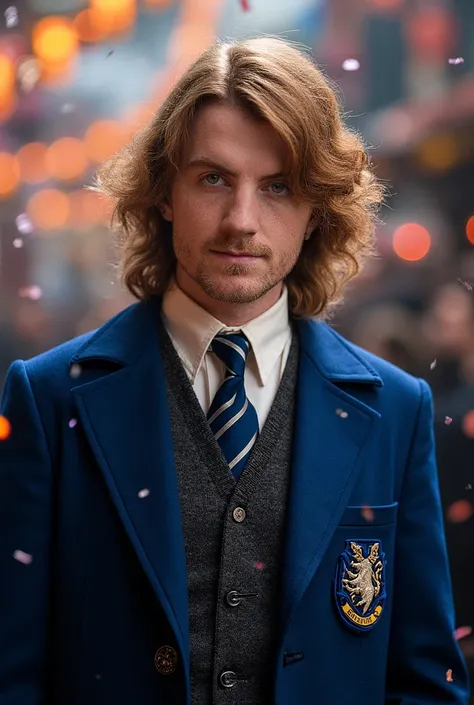 adult man, Medium haired calstanho, wavy, com as roupas da cornival Harry potter Ravenclaw