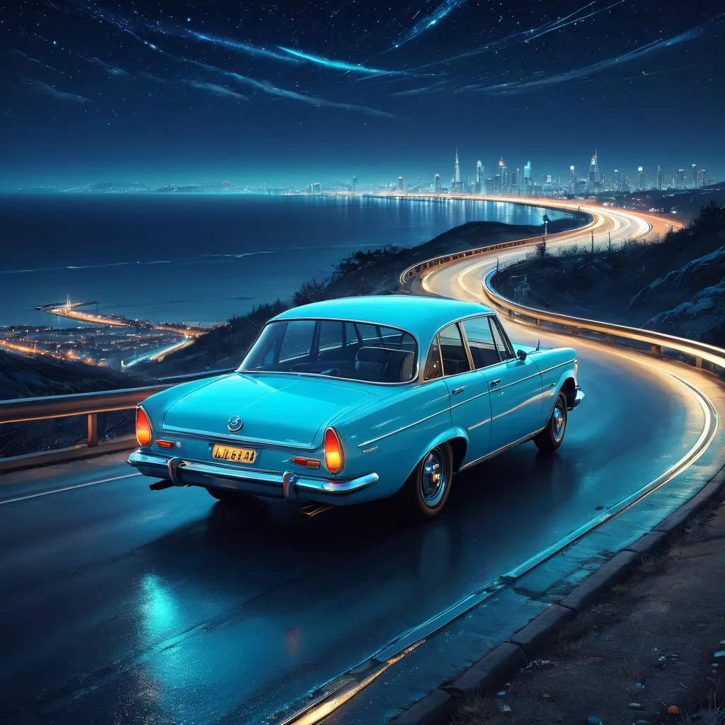 View of a light blue retro car driving on a winding highway towards the city at night, The city on the horizon and the winter se...