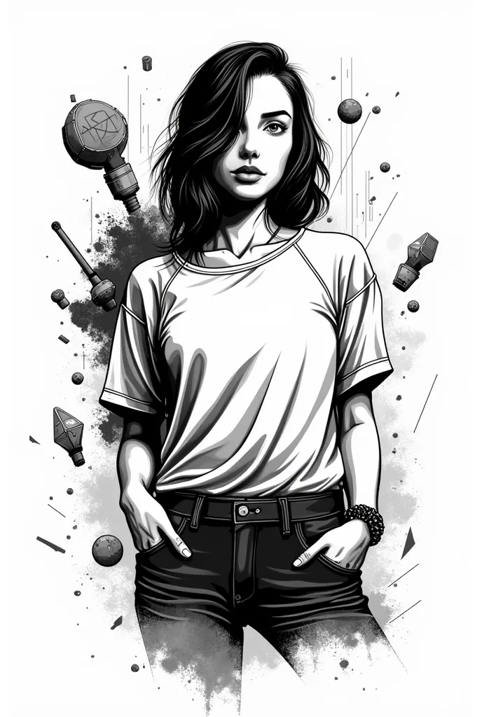 A monochromatic streetwear t-shirt design featuring a black-and-white illustration. The illustration depicts a dynamic women cha...