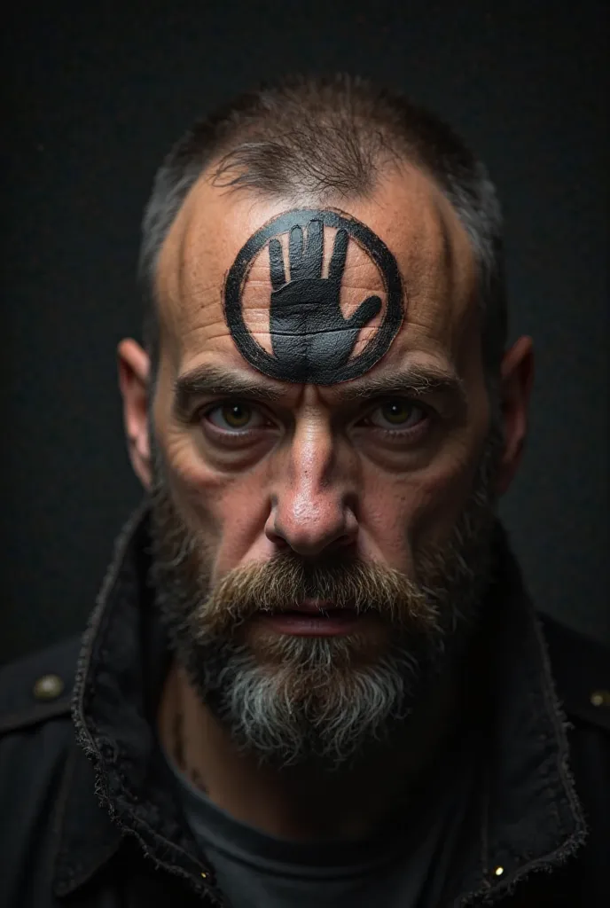 A highly detailed ultra-realistic image of a man with a permanently branded tattoo-like mark on his forehead. The mark is a soli...