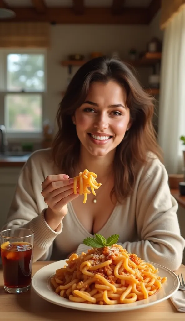 The same woman is now sitting in her cozy kitchen, decorated in warm, soft tones, enjoying a large plate of pasta and a glass of...