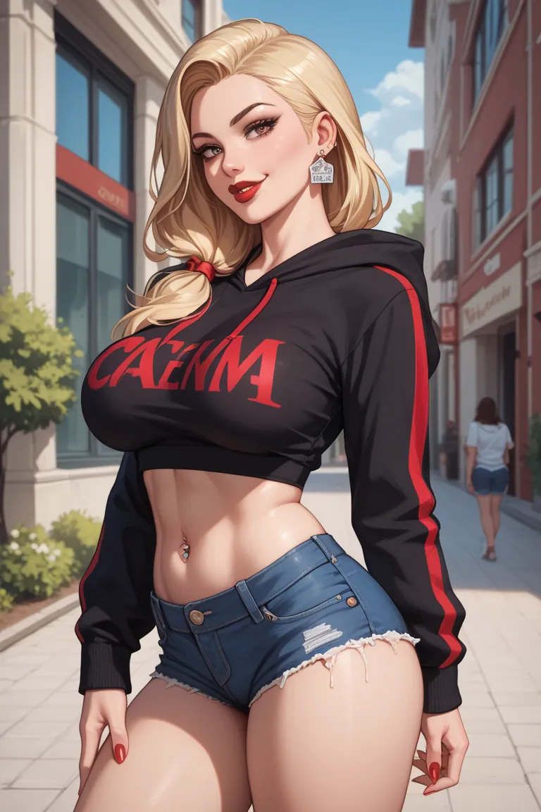 Sexy blonde villainess, curvy, red lips, long hair, casual clothes, low-cut hoodie, denim shorts. 