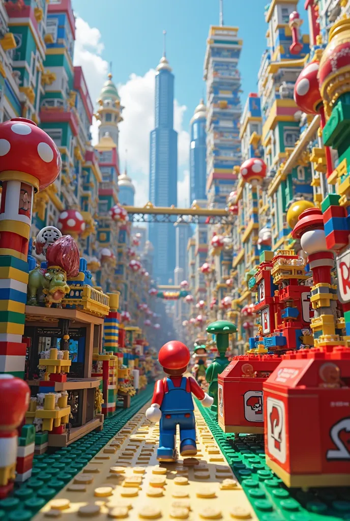 City of giant Legos with a Mario Bros. theme with mechanical games inside 