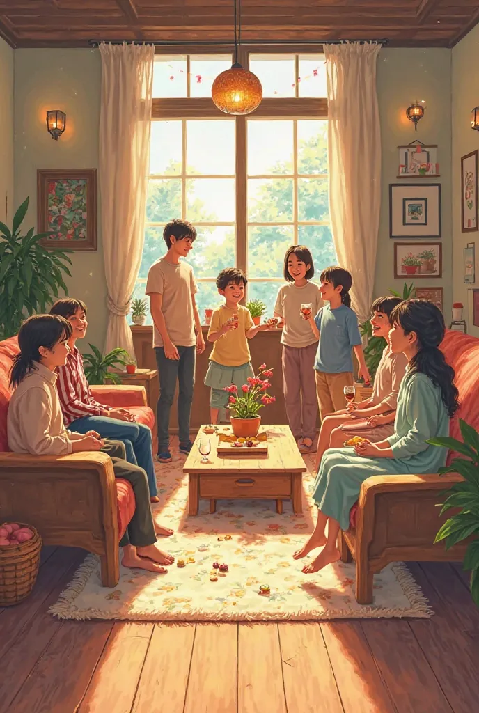 I want to have a party with my family and friends々Make an illustration-style image of a house with such a space。It's like having...