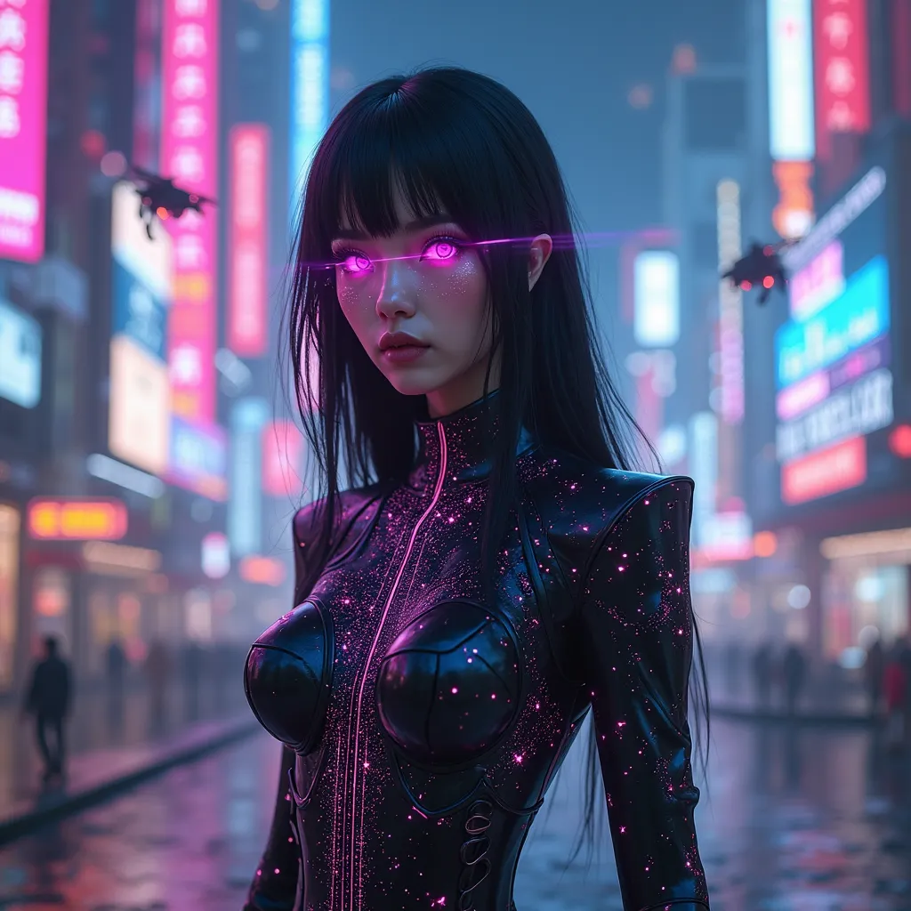 A striking raven-haired woman with a cyberpunk aesthetic stands with effortless confidence. Her sleek, jet-black hair flows with...