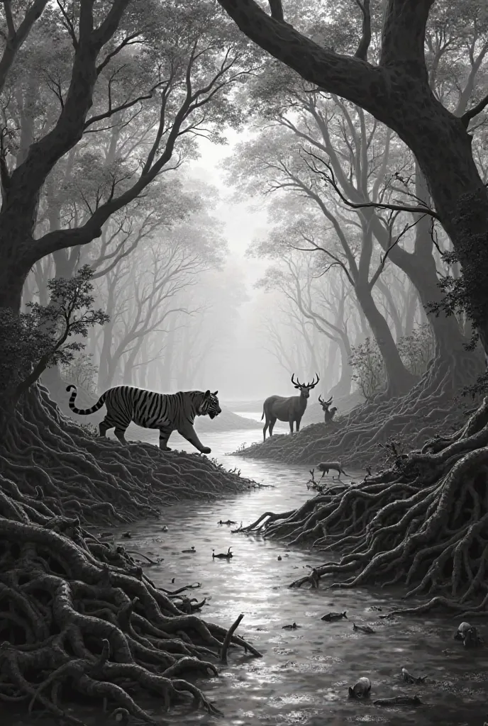 Mangrove system in Sundarban, black and white full of trees, pneumetaphor, tiger, fish,  deer etc 