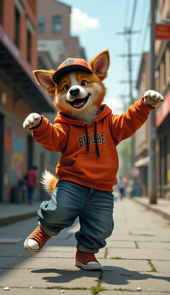  Hyper-realistic  dog wearing baggy jeans, a hoodie, and a snapback cap, breakdancing on the street with big, happy moves. The d...