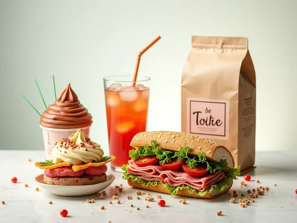 Branded food packaging, beautiful food, sandwich , drink and dessert on a transparent background, all in disposable packages