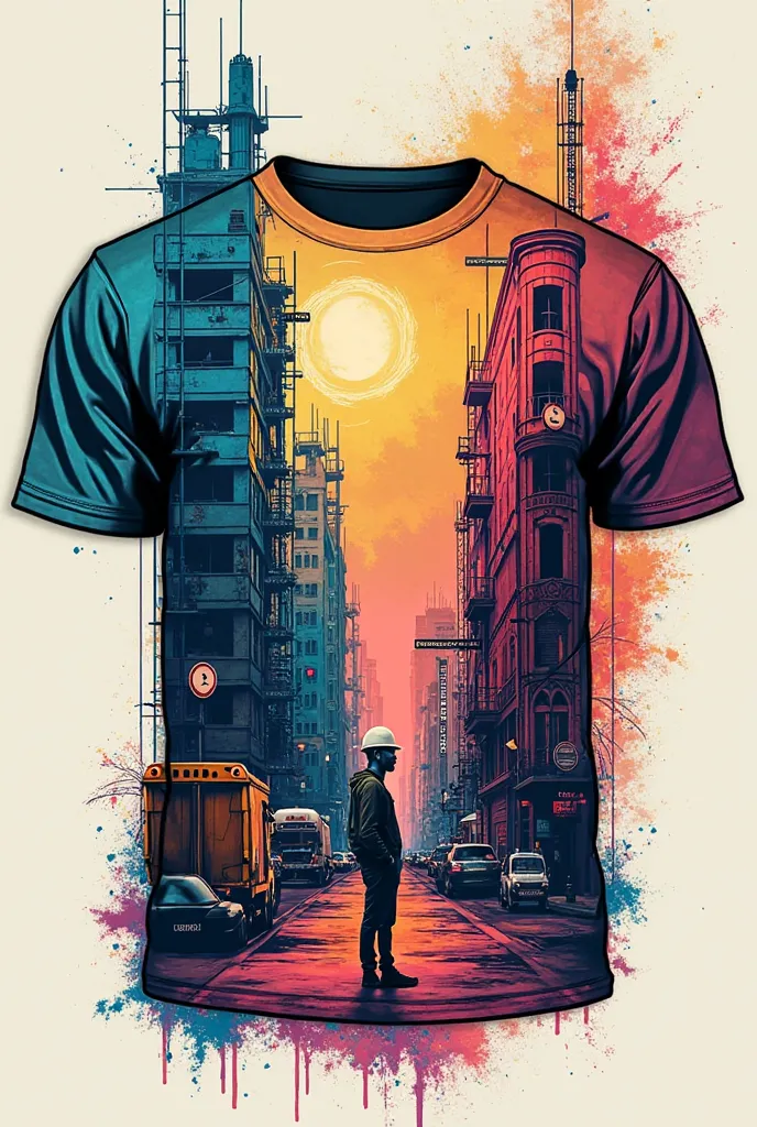 Create an architecture t-shirt design. The back of the shirt must feature a design inspired by street art, with architectural el...