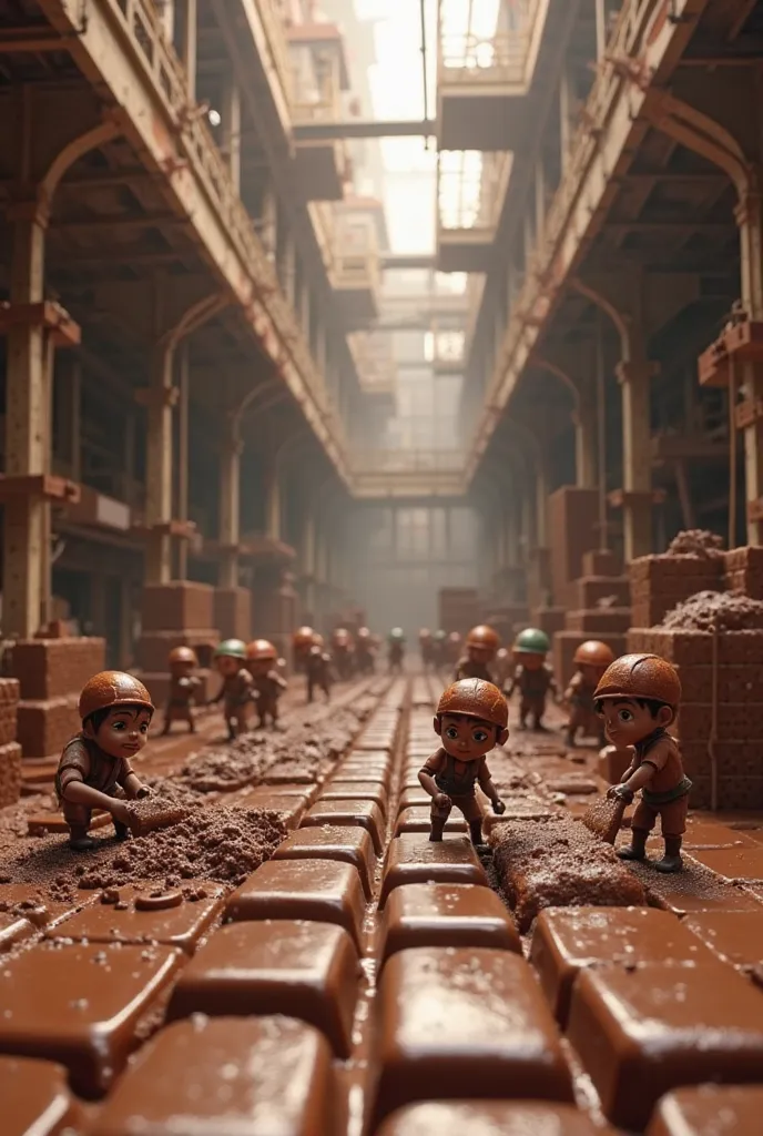 Chocolate Factory Under Construction" – Tiny workers installing chocolate tiles, pouring melted chocolate like cement, and polis...