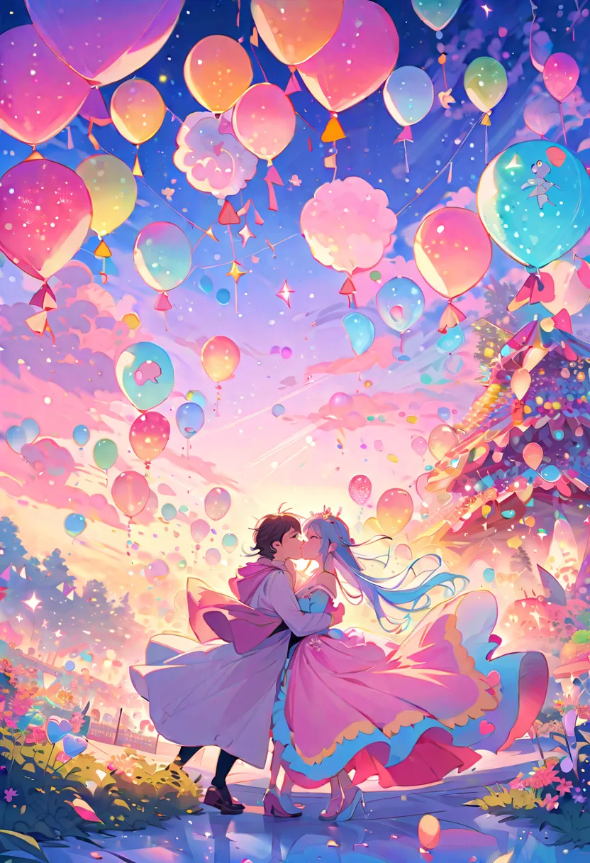 candyland,man and woman,lovers,kiss in the wind,cotton candy,dreamlike,whimsical,playful,magical colors,vibrant atmosphere,sugar...