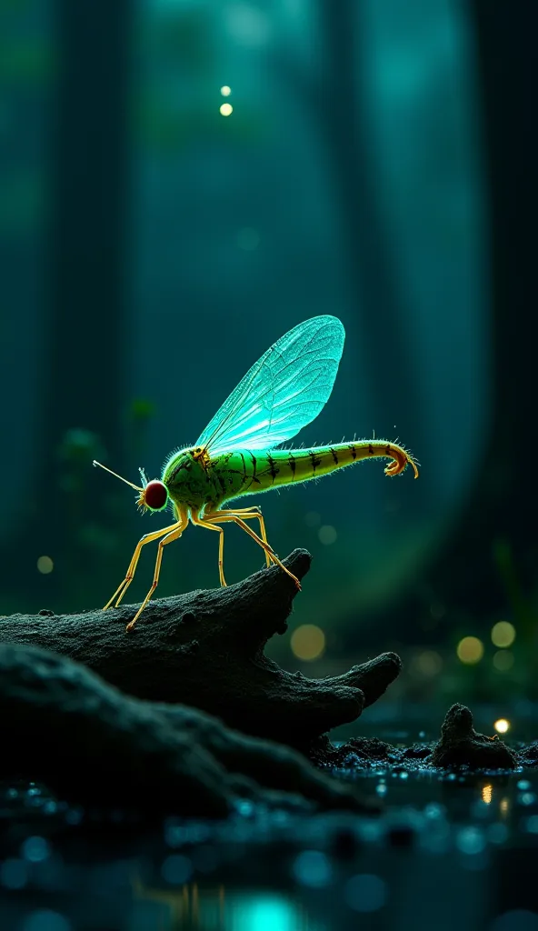 "A breathtaking, cinematic 4K image of a glowing firefly perched on a twisted tree root, playing an ethereal, neon-blue violin. ...