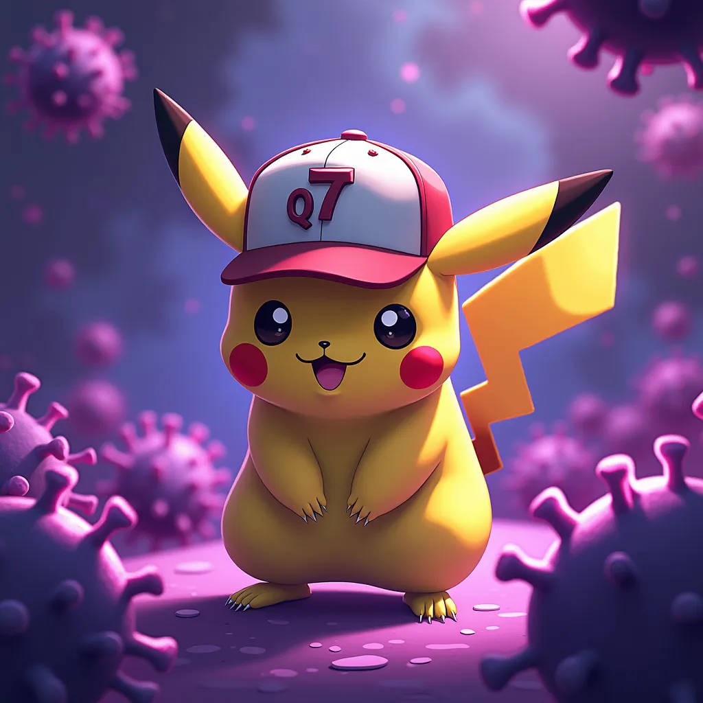 Pikachu with a cap that says "Q7 " In the middle of purple viruses