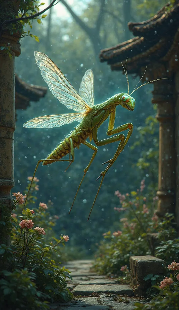 Combine pleasant shapes of a firefly and a mantis with the dark background of a beautiful garden. realistic style 