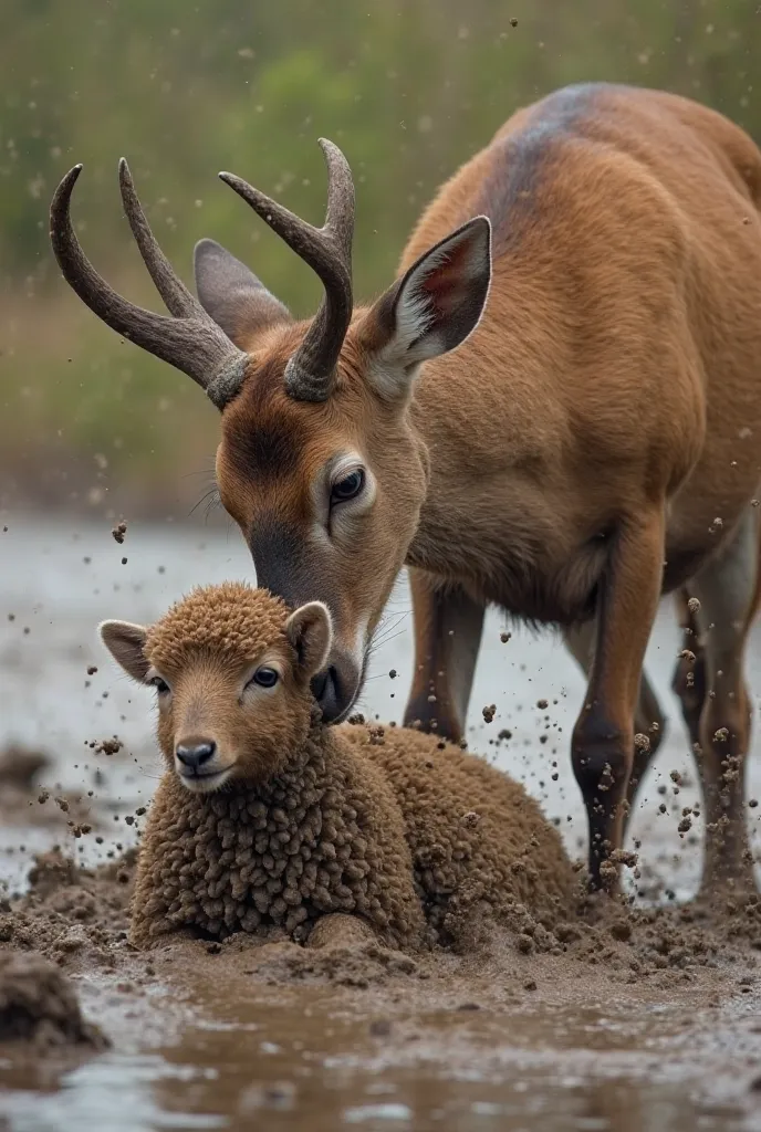 The deer pulls the baby sheep from the mud with all its strength. The deer is shown straining, muscles tensed, and focusing on h...