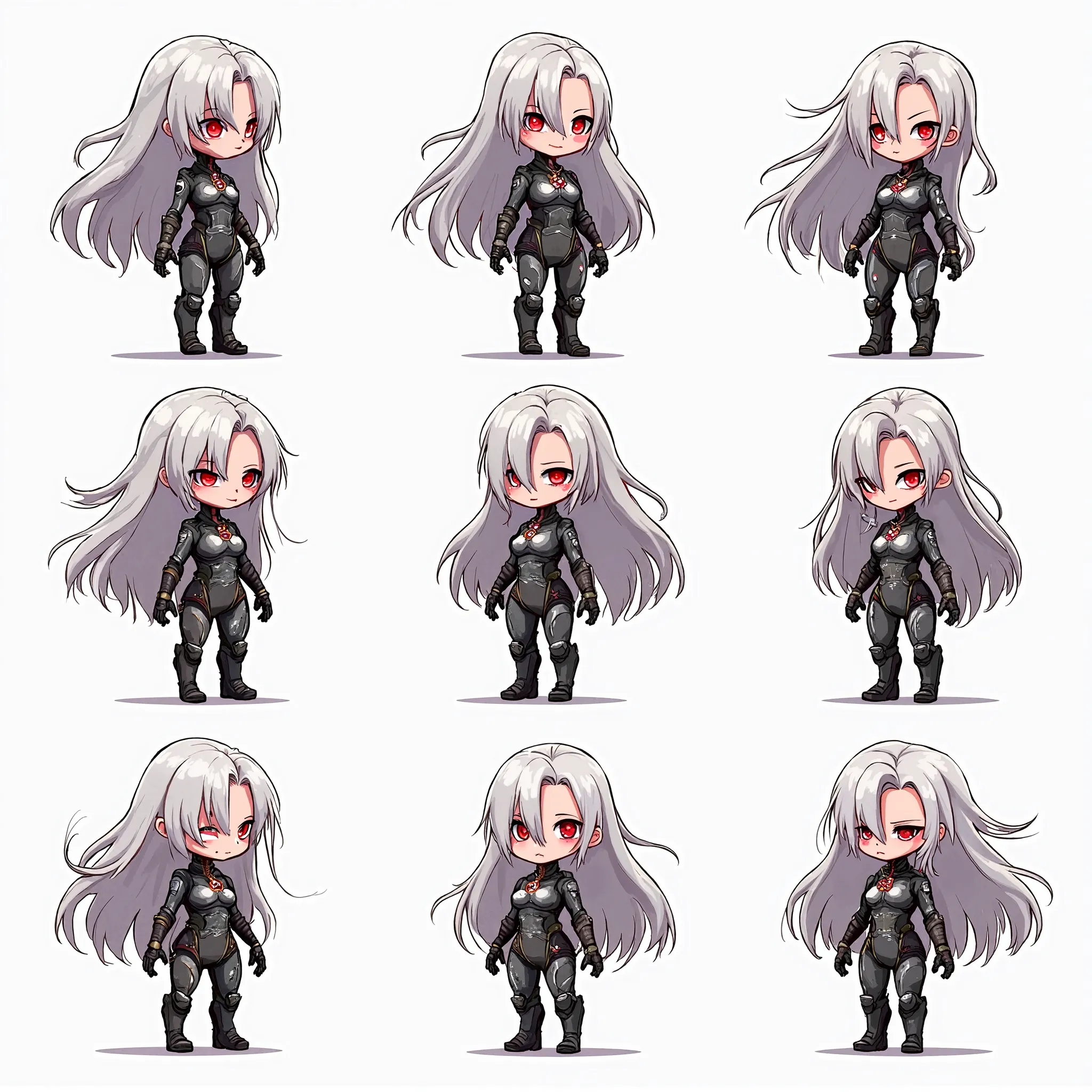 A collection of 9 chibi,A battle-worn anime cyberpunk female robot, wearing a torn bodysuit that reveals her sleek metallic body...