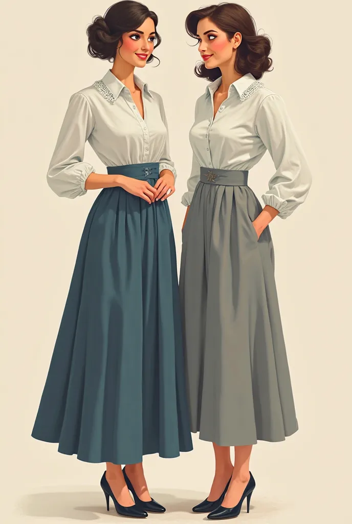  two tall smiling young white women wearing gray and light blue floor length Gibson Girl style business skirts, long sleeve whit...