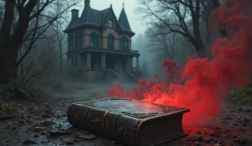 Beautiful dark fantasy theme, single book , haunted house in background, ancient book,red black smoke 