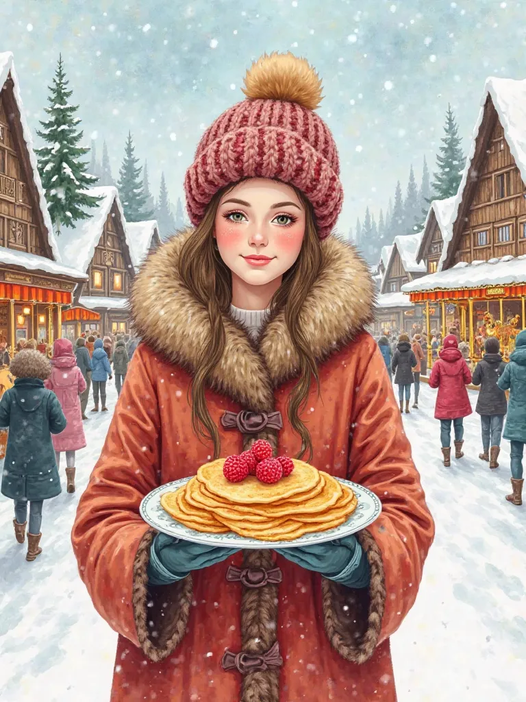 A  celebrating Maslenitsa, a traditional Slavic holiday. . In her hands she holds a plate with golden thin pancakes with raspber...