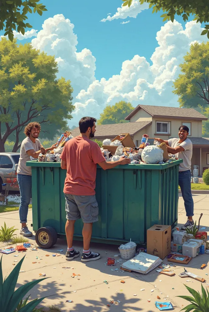 Removing items from home , into a dumpster,  on a sunny day , clear skies , 