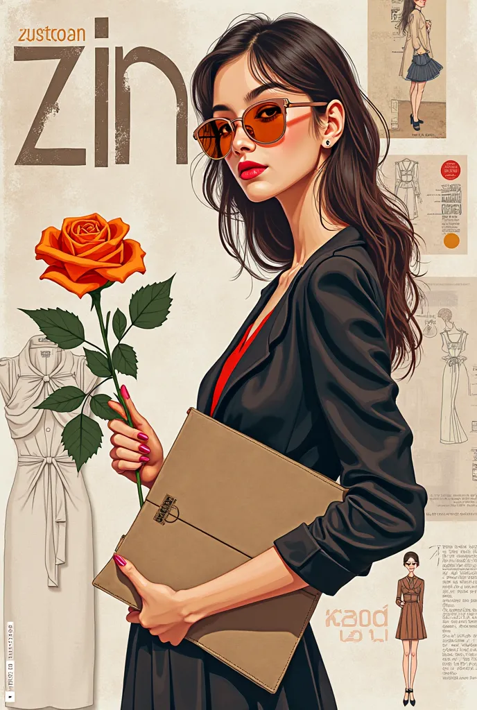 A fashion logo with the letter "ZIN" in a stylish font, a fashionable young woman with an orange colour rose, a  sewing pattern ...