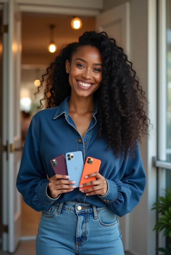 A beautiful black woman with curly hair very long the woman she is holding an iPhone 16 pro max, a Samsung and a Redmi with a bl...