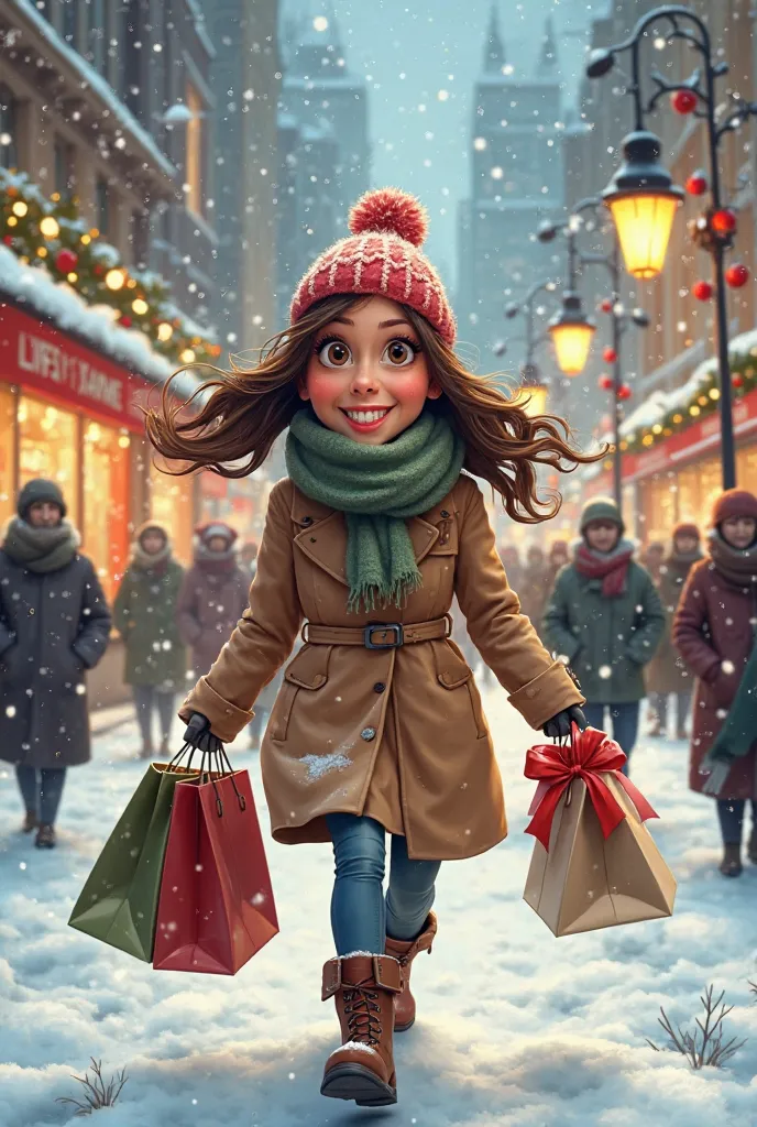 Give me a caricature-like image of a young brunette buying presents on Christmas Eve