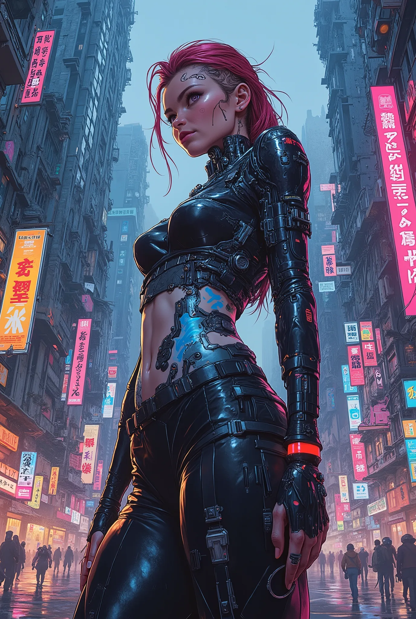 Create a breathtaking, highly detailed, and futuristic cyberpunk artwork featuring a strikingly beautiful and modern woman as th...