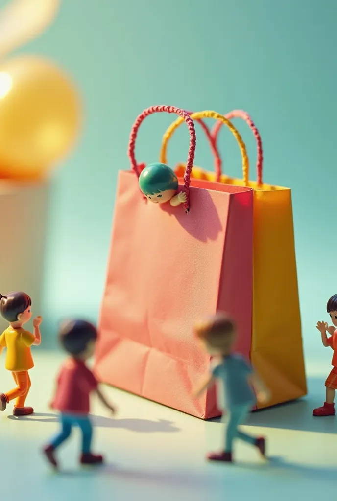 A playful macro photography scene featuring tiny human figurines interacting with a giant shopping bag. Some figures are pulling...