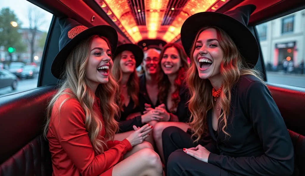 Image Prompt: A playful snapshot inside a limousine showing a group of friends in quirky, eye-catching Halloween costumes—one pe...