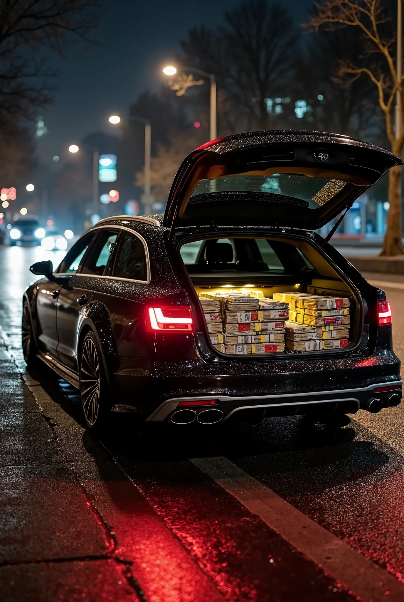 "An Audi RS6 Avant car in black, on the side of the road in the dark. Stacks of dollars in the trunk, the size of a song cover p...