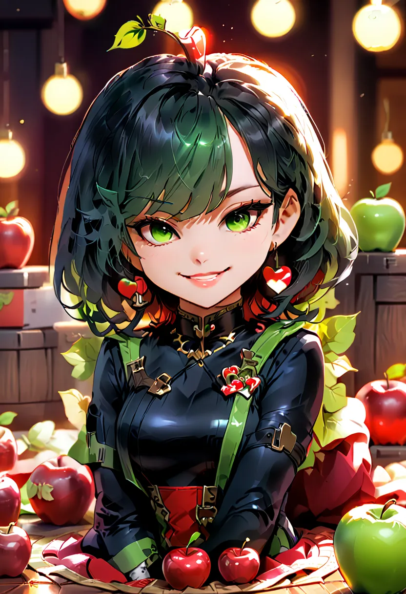 A charming 3D render  illustration of a  chibi waifu ,cute, Apple costume ., very beautiful face with mischievous smile The gene...