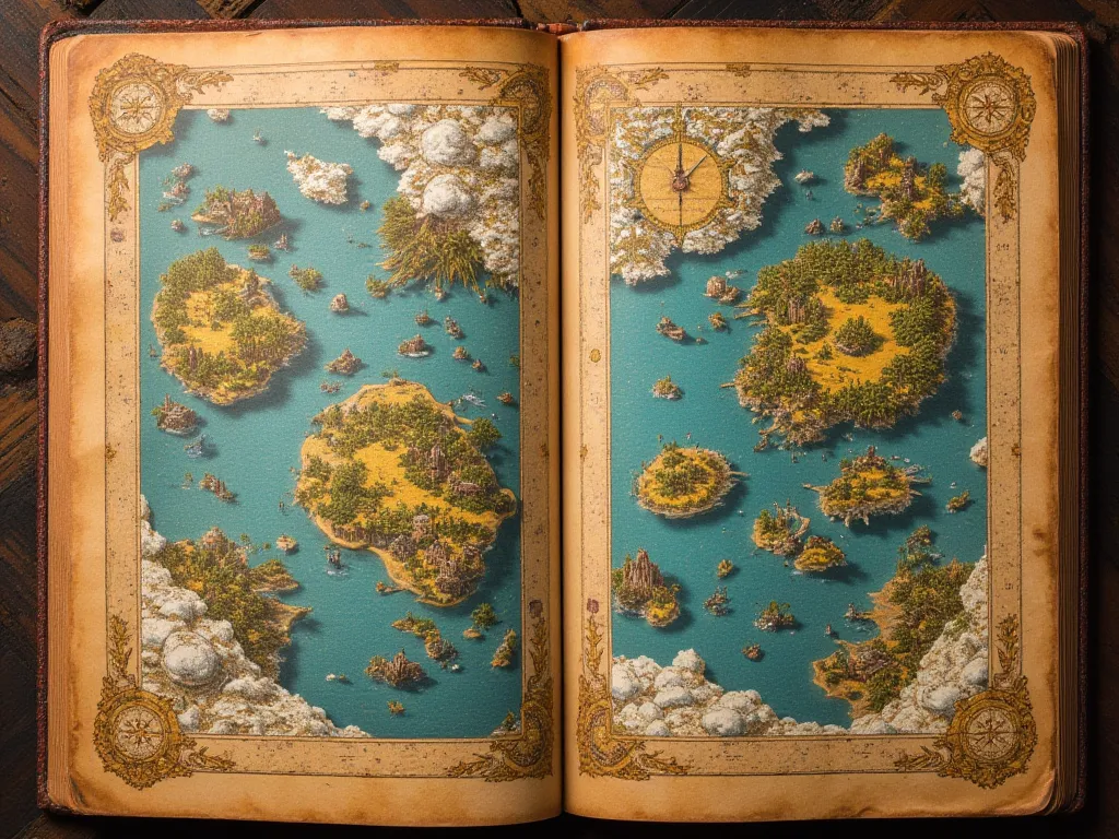 ( Vertical view from above ) The page of an old magical yellowed book on which the navigational map of a fantastic archipelago w...