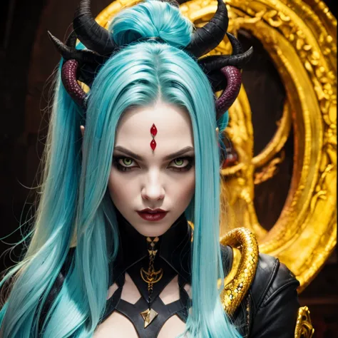 Evil demoness with a head of snake, snakes in her hair, yellow eyes
