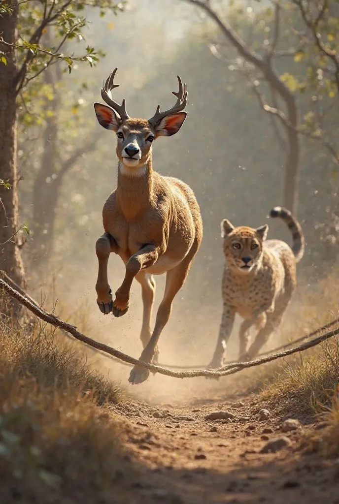 A deer runs away from the cheetah and jumps off the rope