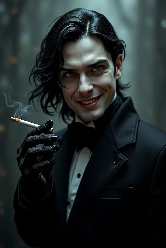 A vampire Man white skin shiny gray eyes wavy black hair loose cynical smile black nails cigarette on finger elegant clothes 