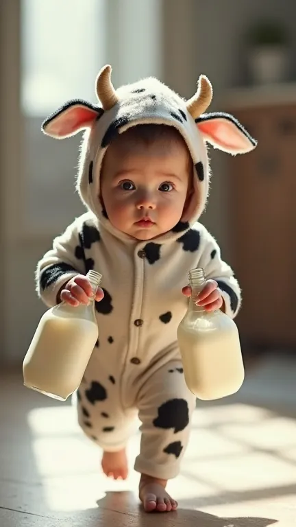 Gorgeous skinny baby, With a cow costume and two bottles of white milk in her hands, in front of me,  ready to run