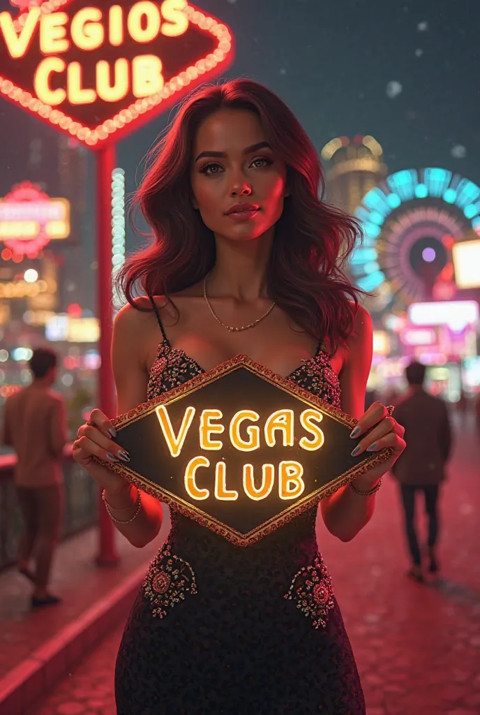 A beautiful women holding a casino club board named vegas club