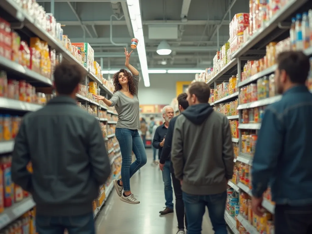 "Show a woman needing help to get something from a high shelf at the store, with a group of men around her who don't care to hel...