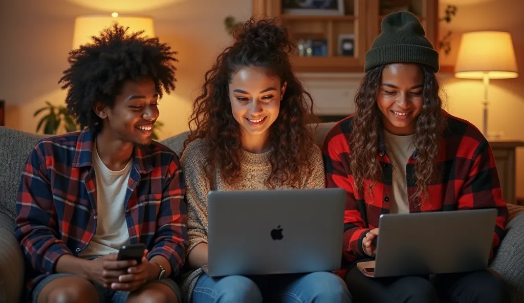 A group of three diverse young people sitting together, each holding a laptop or phone, engaged in an online conversation. One c...