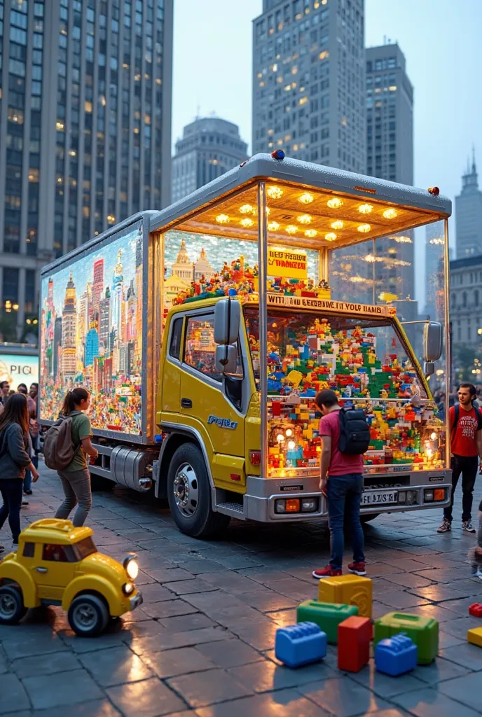 A real truck,  large transparent covers a bustling city, displaying a detailed model of a metropolis made entirely of giant LEGO...