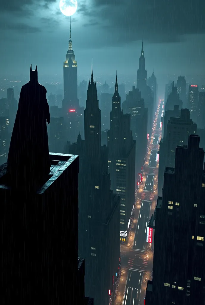 Gotham City on a rainy night from the top of a building in the first 