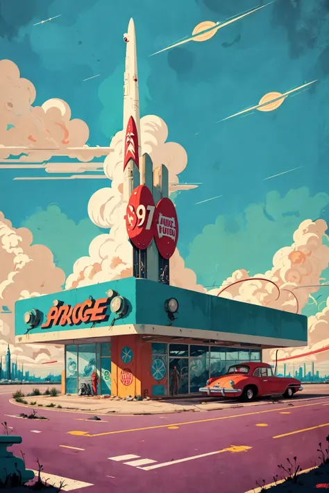 vectorstyle, cars around abandoned gas station sign made from a rocket (atompunkstylesd15:1.0)
(masterpiece:1.5) (painting:1.1) ...